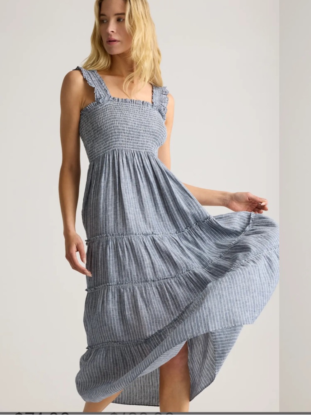 Quince Blue Striped Smocked Linen Midi Dress - Picture 7 of 10